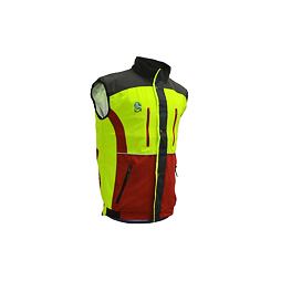 Pánská pracovní vesta s vysokou viditelností, vybavená čtyřmi zipovými kapsami a stojáčkem na krku.