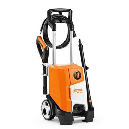Vysokotlaký čistič značky STIHL, model RE 120, s konstrukcí na kolečkách, rukojetí a připojenou hadicí se stříkací pistolí.