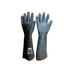 Dlouhé ochranné rukavice s texturovanými dlaněmi určené pro bezpečnostní a pracovní použití.