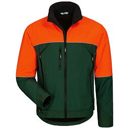 Zateplená pracovní bunda s vysokým límcem, zapínáním na zip, dvěma svislými kapsami na hrudi a dvěma kapsami na bocích, v oranžovo-zeleném barevném provedení.