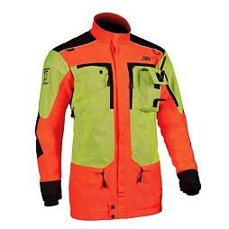 Outdoorová pracovní bunda s reflexními prvky, vybavená kapsami na zip a držákem pro vysílačku, určená pro zvýšení bezpečnosti a pohodlí při práci v terénu.