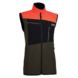 Pánská sportovní vesta bez rukávů s vysokým límcem, zipem po celé délce a několika kapsami, v kombinaci tří barev.