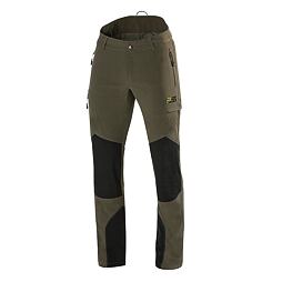 Outdoorové kalhoty s vyztuženými oblastmi na kolenou a v dolní části nohou, vybavené kapsami na zip a nášivkou s logem.