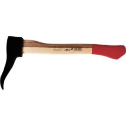 Nástroj s dřevěnou rukojetí a kovovou hlavou, která má na jedné straně plochý kladívkový povrch a na druhé zahnutý hrot určený k vytahování hřebíků.