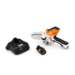 Ruční aku mini řetězová pila STIHL GTA 26 s nabíječkou a odnímatelnou baterií.