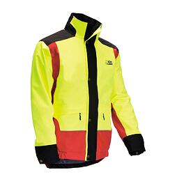 Pracovní bunda s vysokou viditelností v žluto-červené barvě s černými detaily a zipovými kapsami.