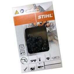 Balení náhradního řetězu pro motorovou pilu značky STIHL s viditelnými články řetězu a ikonkami označujícími parametry a použití řetězu.