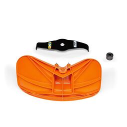 Náhradní díly pro zahradní nářadí: oranžová plastová krytka, černý kovový nůž s označením Thule a kovový váleček.