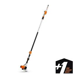 Elektrický nebo benzínový vysoký křovinořez se stojanovou rukojetí určený pro střihání větví a trávy ve vyšších polohách.