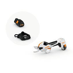 Aku nůžky na větve se značkou STIHL s baterií a nabíječkou určené pro zahradní práce.