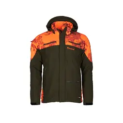 Bunda s kapucí určená pro outdoorové aktivity, s kombinací signalizační oranžové a maskovací vestavby, vybavená několika kapsami.