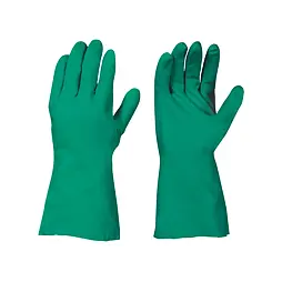 Pár ochranných rukavic z gumového materiálu určených pro domácí práce nebo čištění.