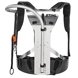 Nosný popruh s kovovým rámem a zádovou opěrkou, navržený pro pohodlné přenášení těžkých motorových zařízení.