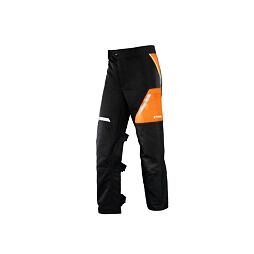 Pracovní kalhoty vhodné pro ochranu při lesnických a zahradnických pracích, s odolnými částmi a kapsou na nářadí.