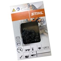 Balíček náhradního řetězu pro motorovou pilu STIHL s viditelnými články řetězu a popisem kompatibility a údržby.