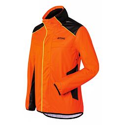 Pracovní bunda značky STIHL s vysokým límcem, prodlouženým zadním dílem a kombinací voděodolných materiálů určená pro ochranu a viditelnost při outdoorových činnostech.