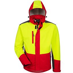 Outdoorová pracovní bunda s kapucí určená pro zvýšenou viditelnost, kombinující žlutou a červenou barvu, s několika kapsami a zapínáním na zip a suchý zip.