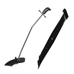 Nástroj pro nastavení výšky sekačky spolu s náhradním nožem vhodným pro zahradní traktory nebo sekačky na trávu.