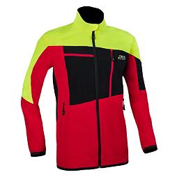 Sportovní funkční bunda s celopropínacím zipem, kapsami na zip a barevným blokovým designem v červené, černé a žluté barvě.