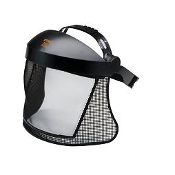 Ochranný štít s ventilovanou mřížkou a nastavitelným páskem na hlavu pro ochranu obličeje při práci.