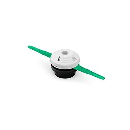 Zařízení s kulatým tělem a dvěma prodlouženými rameny, pravděpodobně náhradní cívka se žacími noži pro zahradní křovinořez nebo vyžínač.