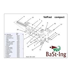 Schéma rozloženého mechanismu ValFast compact s názvy, čísly a počtem dílů, technickým popisem a logem BaSt-Ing.