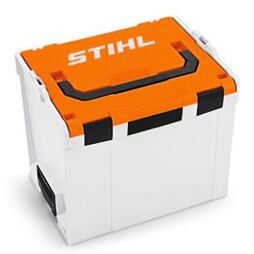 Skládací úložný box značky STIHL s oranžovým víkem a černými zámky.