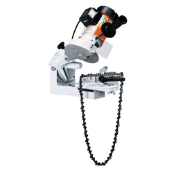 Zařízení na ostření řetězů motorových pil, které kombinuje brusku s upínacím mechanismem pro pevné uchycení řetězu.