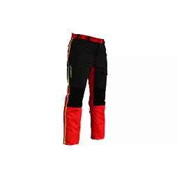 Pracovní kalhoty s kapsami, zesílenými koleny a výraznými barevnými prvky určené pro komfort a ochranu při náročných činnostech.