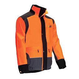 Pracovní bunda s vysokou viditelností v oranžové barvě, vybavená kapsami, zapínáním na druky a zesílenými částmi na ramenou a pažích pro zvýšenou odolnost.