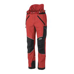 Pracovní kalhoty s vysokým páskem, zesílenými koleny a kapsou na boku, určené pro ochranu a komfort při fyzické práci.