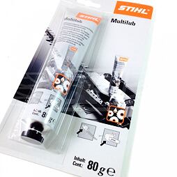 Tuba maziva STIHL Multilub pro mazání zahradních elektrických nástrojů, zejména řetězových pil a plotostřihů, s obsahem 80 gramů.