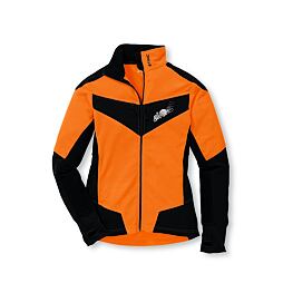 Lehká sportovní bunda se zapínáním na zip, kombinace oranžové a černé barvy, s nášivkou řetězové pily a logem STIHL na límci.