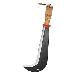 Zahradnický nůž s zahnutou čepelí a dřevěnou rukojetí, určený k řezání a stříhání rostlin.