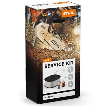 Balení servisního kitu STIHL 3 v 1 pro motorovou pilu MS 500i obsahující vzduchový filtr, zapalovací svíčku a olej.