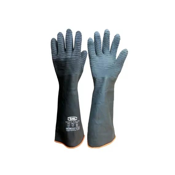 Dlouhé ochranné rukavice s texturovanými dlaněmi určené pro bezpečnostní a pracovní použití.