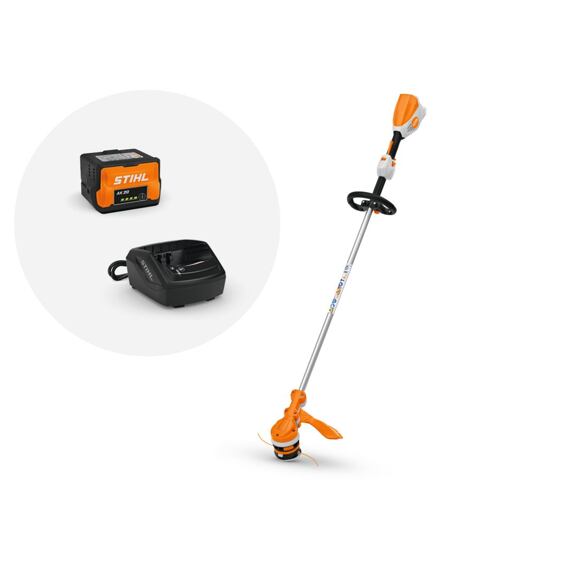 Akumulátorový zahradní vyžínač s nabíječkou a baterií značky Stihl.