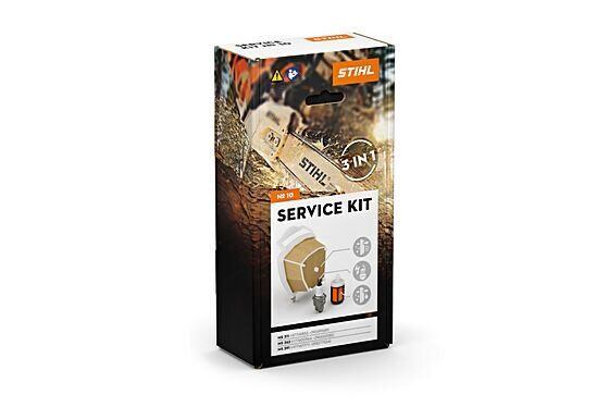 Balení servisního kitu STIHL obsahující náhradní díly pro údržbu motorové pily, včetně filtru a dalšího příslušenství.