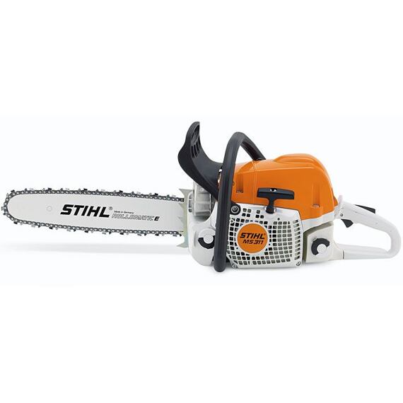 Motorová pila Stihl MS 311 s pilovým řetězem a ergonomickým madlem pro řezání dřeva.