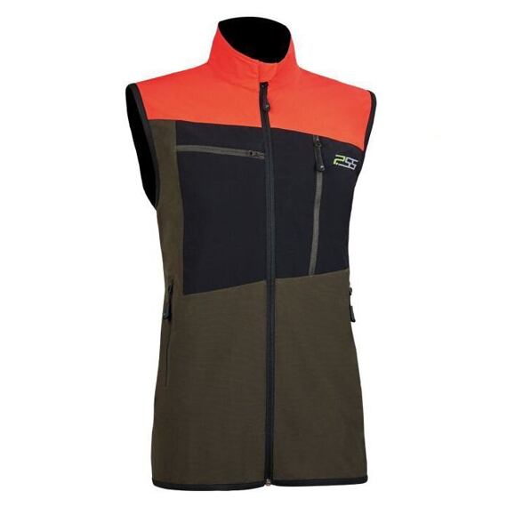 Pánská sportovní vesta bez rukávů s vysokým límcem, zipem po celé délce a několika kapsami, v kombinaci tří barev.