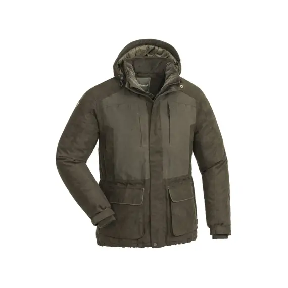 Pánská zimní bunda s kapucí, zipem a několika kapsami na předním díle určená pro ochranu před chladem.