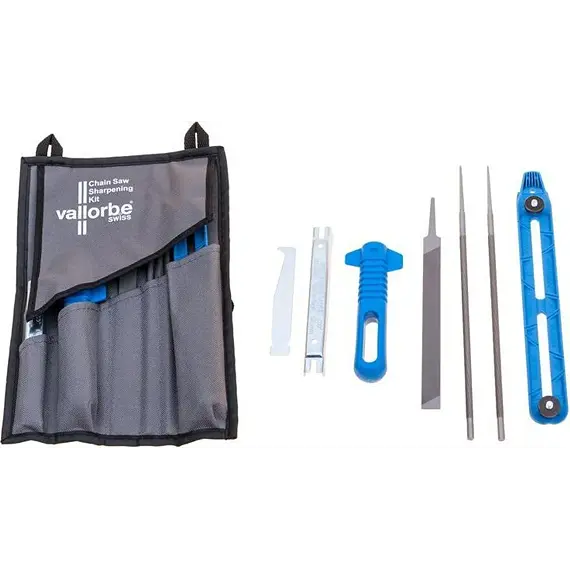 Sada na broušení řetězové pily obsahující tři pilníky různých tvarů a velikostí, plastové a kovové nástroje pro údržbu a šedé pouzdro s logem Vallorbe.