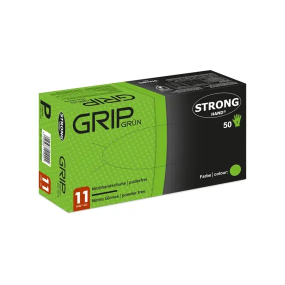 Krabička 50 zelených nitrilových pracovních rukavic velikosti 11, bez pudru, značka Strong Hand.