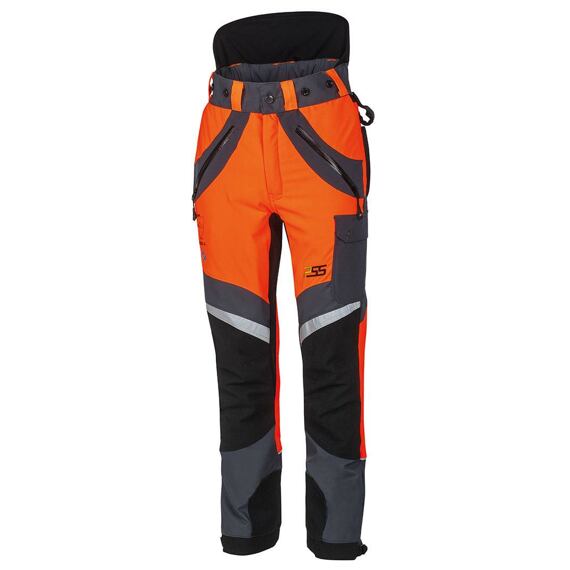Pracovní kalhoty s vysokým pasem určené pro bezpečnost a zvýšenou viditelnost, vybavené kapsami na zip, kapsou s patkou na stehně a reflexními prvky.