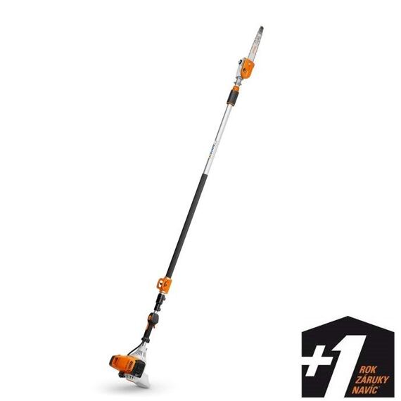 Elektrický nebo benzínový vysoký křovinořez se stojanovou rukojetí určený pro střihání větví a trávy ve vyšších polohách.