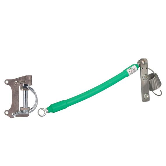 Izolační držák s pružinou a zeleným ochranným návlekem určený pro upevnění a napnutí vodiče nebo lana.