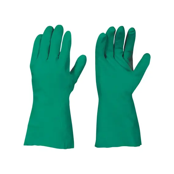 Pár ochranných rukavic z gumového materiálu určených pro domácí práce nebo čištění.