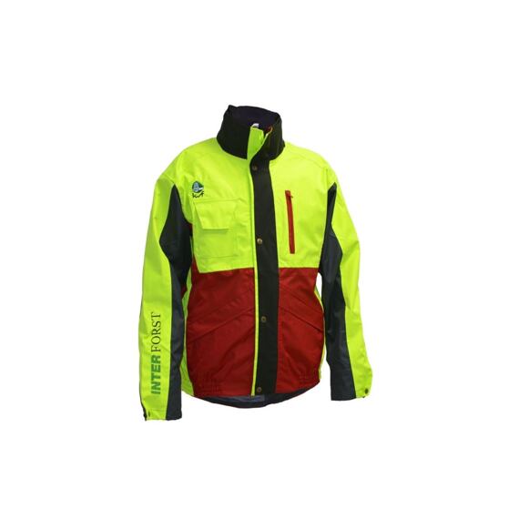 Ochranná pracovní bunda s kapsami, vysokou viditelností a logy KWF a INTERFORST vhodná pro lesnické práce.