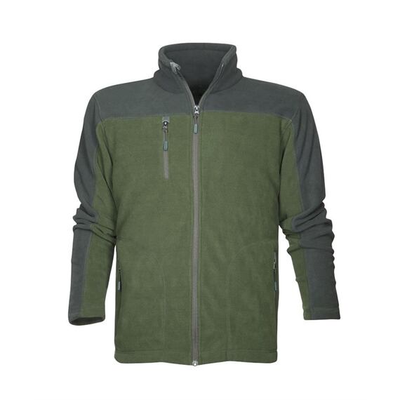 Pánská outdoorová fleecová bunda s vysokým límcem, zapínáním na dvojitý zip a třemi kapsami na zip, vhodná pro chladné počasí.