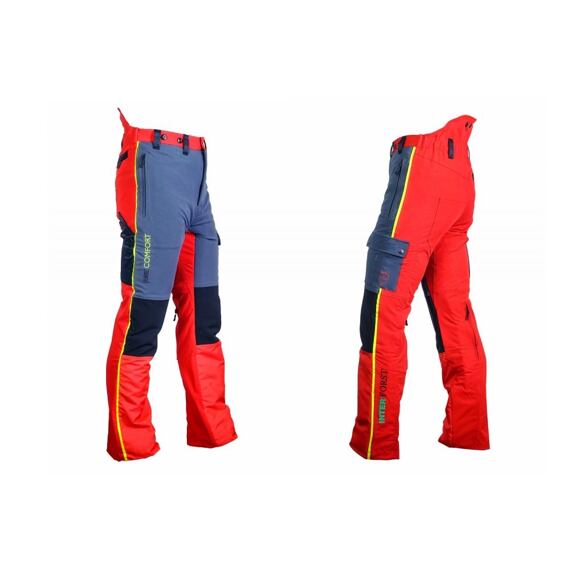 Pánské pracovní kalhoty s barevnými panely, kapsami na zip i druky a nápisy "free COMFORT" a "INTERFORST" podél bočního švu.